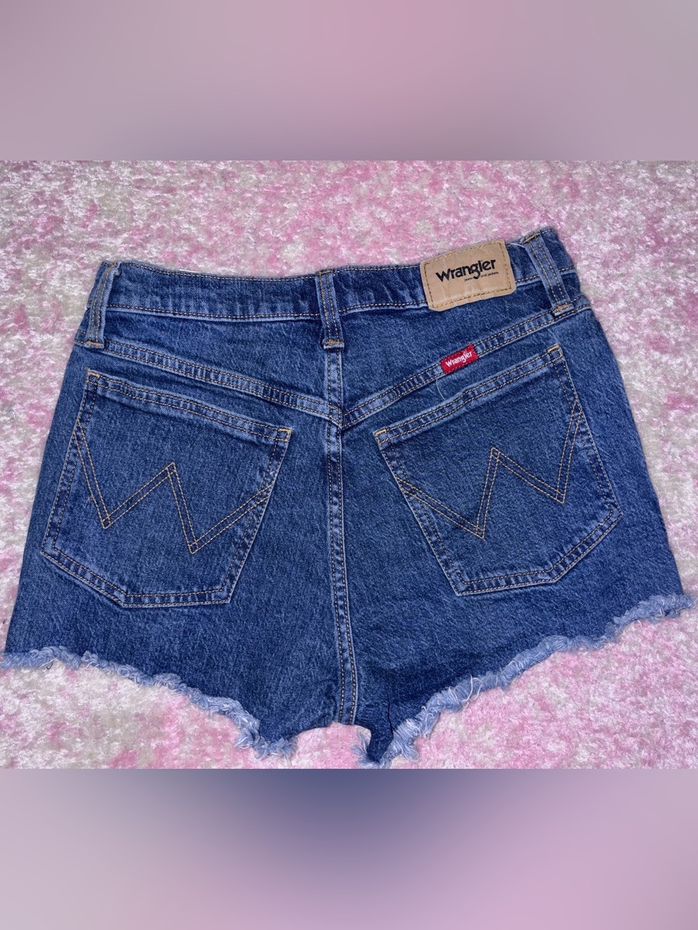 Wrangler Dark Blue Denim Cutoff Shorts with Frayed Hem